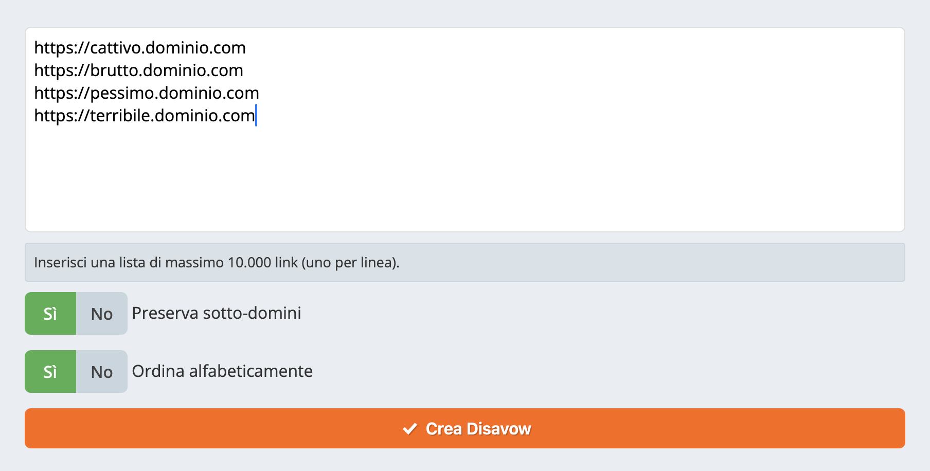 Inserisci una lista di link tossici