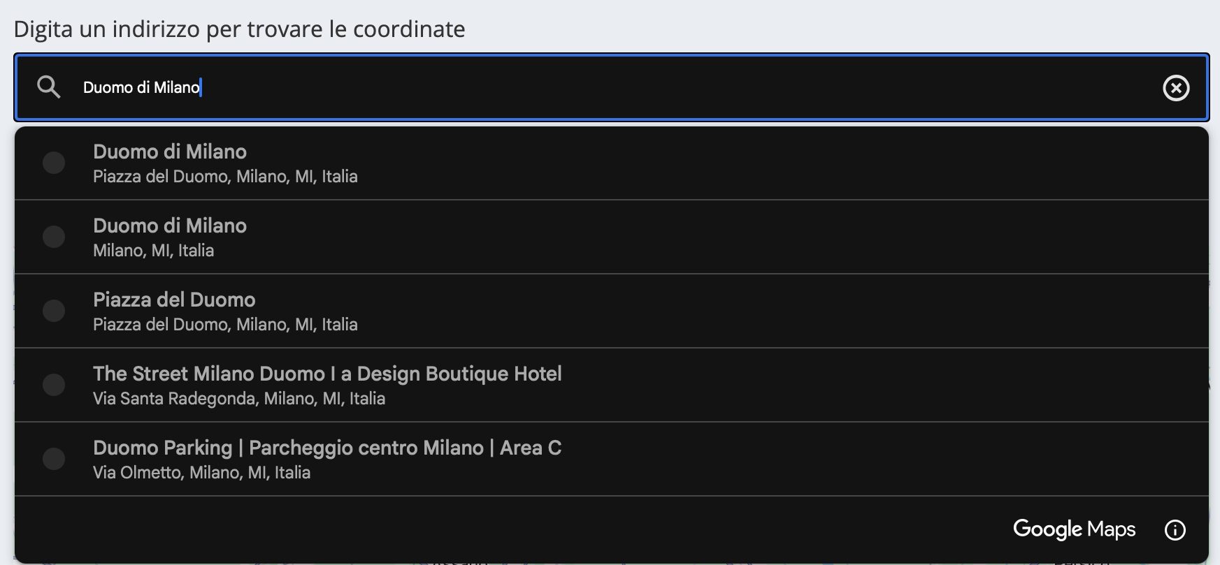 Digita l'indirizzo di cui vuoi conoscere le coordinate GPS